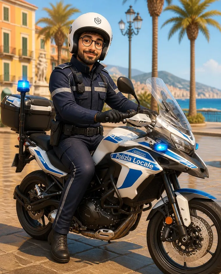 Valentino, agente di Polizia Locale, in sella alla moto di servizio sul lungomare